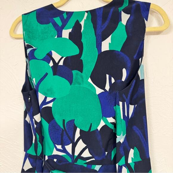 Ann Taylor Green Blue Floral Ruffled A Line Dress Womens 14P Belted Modest - Picture 5 of 9